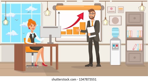 Businesswoman and Personal Assistant Illustration. Office Manager Sitting on Chair and Executive Cartoon Characters. Coworkers Discussing Annual Report. Stock Market Analysis, Financial Literacy