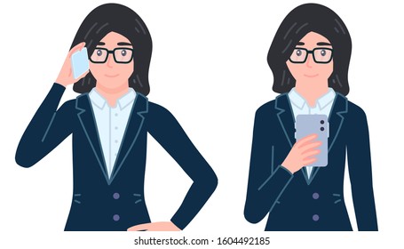 Businesswoman with phone. Office employee female personage taking selfie. Character in suite use smartphone isolated vector illustration in cartoon flat style.