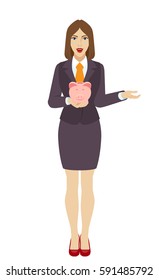 Businesswoman with piggy bank gesturing. Full length portrait of businesswoman in a flat style. Vector illustration.