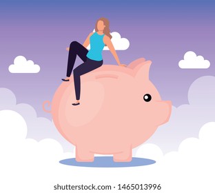 businesswoman with piggy to save cash money