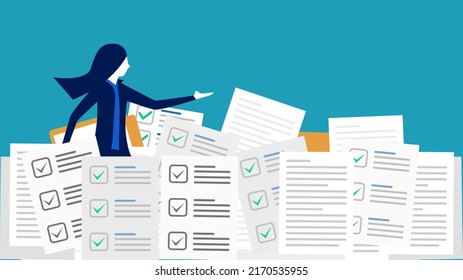 Businesswoman in a pile of documents. Working too hard. business concept vector 