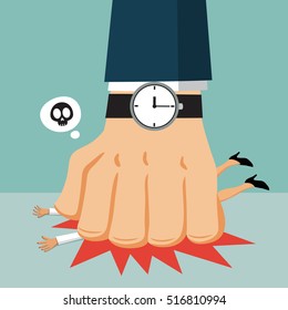 Businesswoman pinned on the floor by huge hand boss with big clock, vector illustration cartoon