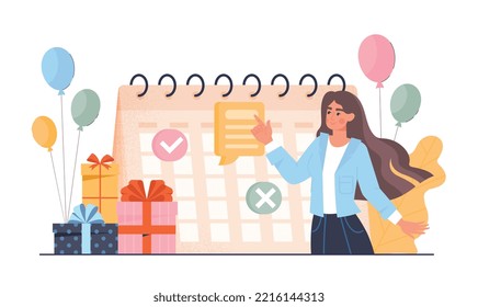 Businesswoman planning concept. Young girl stands next to calendar. Goal setting and motivation, time management. Scheduling and planning. Poster or banner. Cartoon isometric vector illustration