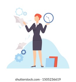 Businesswoman Planning and Controlling Her Working Time, Distribution of Priority of Tasks, Strategic Planning, Deadline and Time Management Business Concept Flat Vector Illustration