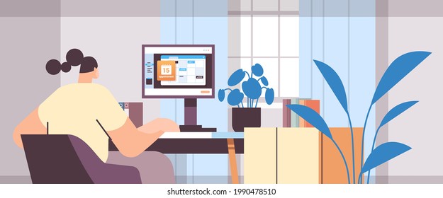 businesswoman planning day scheduling appointment in calendar on monitor screen time management concept