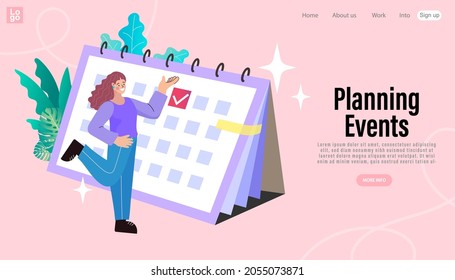 Businesswoman is planning his work. Woman worker with calendar plan. business meeting and events organizing process office working. reminder and timetable. Flat vector illustration.