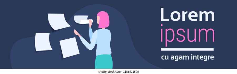 businesswoman planning schedule making notes time management concept business woman project manager female cartoon character rear view portrait flat horizontal banner copy space vector illustration