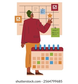 Businesswoman planning strategy on a giant calendar board. Organized tasks and deadlines management concept. Vector illustration.