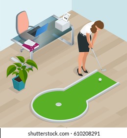 Businesswoman playing mini golf in his office. Perfect for products such as t-shirts, pillows, album covers, websites, flyers, posters or any design