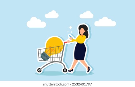 A businesswoman playing on her phone while pushing a trolley filled with lights, illustration of enjoying business performance through relevant innovations and ideas  