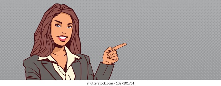 Businesswoman Point Finger To Background With Copy Space Horizontal Banner Happy Smiling Business Woman Vector Illustration