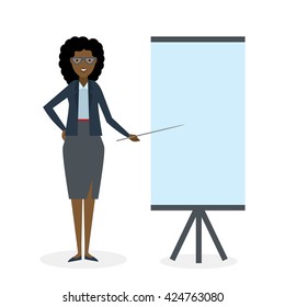 Businesswoman with pointer and easel board on white background. Teacher or businesswoman showing and presenting. African american businesswoman. Office person. 