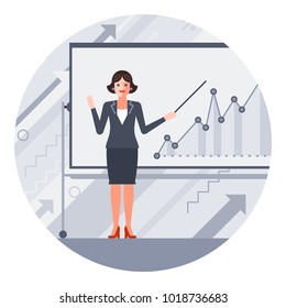 Businesswoman With A Pointer And A Marker Board With Graph. Circle Flat Illustration.