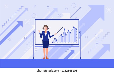 Businesswoman With A Pointer And A Marker Board With Graph. Arrows Background.