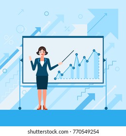 Businesswoman With A Pointer And A Marker Board With Graph