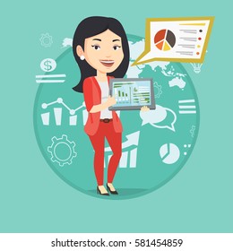 Businesswoman pointing at the charts on tablet screen. Businesswoman presenting report on tablet on the background of graphs. Vector flat design illustration in the circle isolated on background.