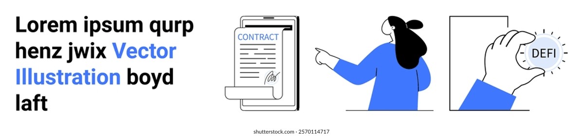 Businesswoman pointing at a digital contract, a hand holding a Defi token. Ideal for technology, digital contracts, decentralized finance, business, and innovation themes. Banner for landing page