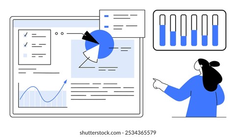 Uma empresária apontando para painéis digitais com vários gráficos e gráficos, incluindo gráfico de barras, gráfico de pizza, gráfico de linhas. Ideal para análise de dados, relatórios de negócios, apresentações, pesquisa de mercado