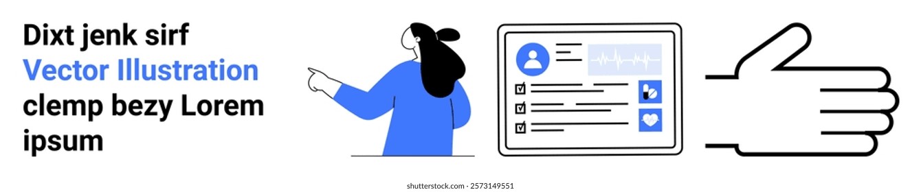 Businesswoman pointing at a digital profile with thumbs up beside text. Ideal for business applications, professional networking, digital profiles, acknowledgement, and social media engagement