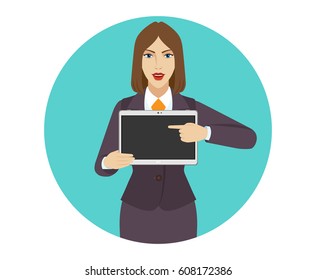 Businesswoman pointing at a digital tablet PC. Portrait of businesswoman in a flat style. Vector illustration.