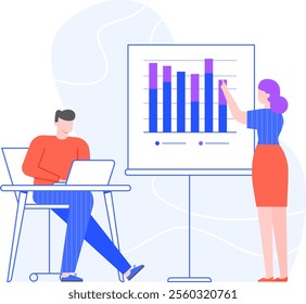 Businesswoman pointing at graph on whiteboard during a presentation, businessman using laptop, analyzing financial data and planning strategy, business meeting and teamwork concept