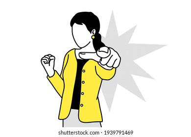 businesswoman pointing at office hand draw style pictogram vector flatline design illustration.