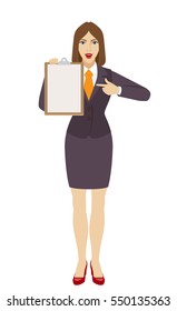 Businesswoman pointing on clipboard. Full length portrait of businesswoman in a flat style. Vector illustration.