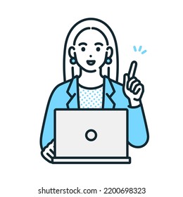 Mujer de negocios en la pose señaladora. Material de ilustración de una mujer que trabaja con una laptop.