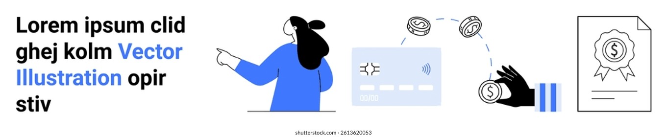 Businesswoman pointing to a presentation, a credit card, currency exchange icons, and a certification document. Ideal for business consultations, financial services, e-commerce, digital marketing