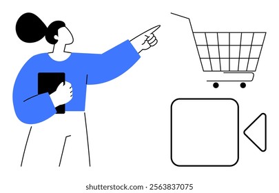 Businesswoman pointing at a shopping cart symbol while holding a tablet. Ideal for e-commerce, business, technology, online shopping, digital marketing. Minimal and modern style