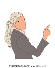 Businesswoman pointing to the side with fingers. Pretty blond business woman in formal suit showing with hands, gesturing. Vector female character for the presentation of goods or services. 