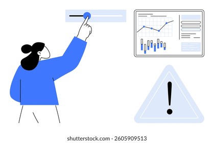 Businesswoman pointing at slider button, data analytics display with graphs and charts, and exclamation warning symbol. Ideal for business presentations, data analysis, settings adjustment, user