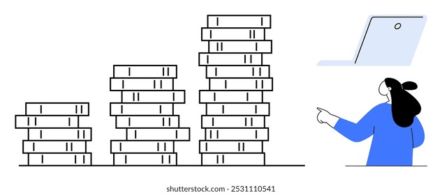 Empresaria apuntando a monedas apiladas que muestran barras de crecimiento con computadora portátil. Ideal para el crecimiento financiero, la inversión, el análisis de negocios, el progreso económico y los propósitos educativos. Estilo limpio simple