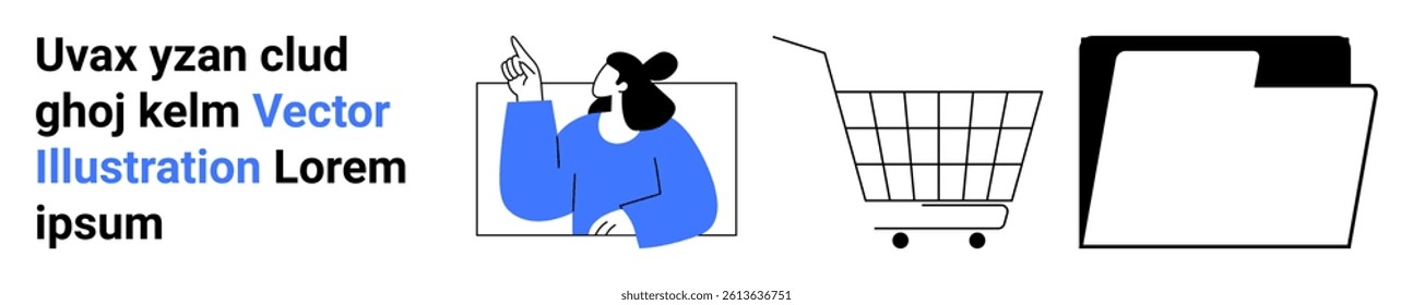 Businesswoman pointing upward, shopping cart in black outline, and black folder. Ideal for business presentations, e-commerce, project planning, data organization, office tools, instructional