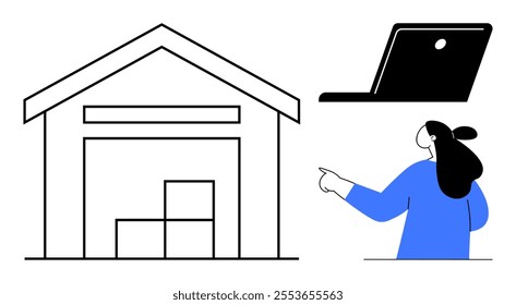 Businesswoman pointing to a warehouse with boxes and a laptop. Ideal for logistics, supply chain, e-commerce, inventory management, business operations. Clean lines, simple colors, modern style