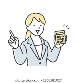 Businesswoman pointing while showing a calculator.