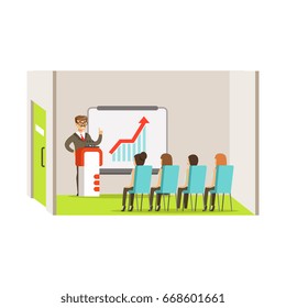 Businesswoman pointing at a whiteboard with growth graph at a business meeting in an office vector Illustration