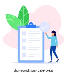 A businesswoman points to a checklist on the blackboard. Successfully completed business assignment. Flat vector illustration.