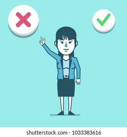 Businesswoman Points To Decline Check Mark. To Reject The Offer, Web Poll. Simple Style Vector Illustration