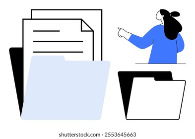 A businesswoman points to documents and folders highlighting organization and paperwork. Ideal for business, administration, document management, office work, and presentation themes. Minimalist