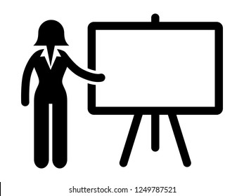 Businesswoman points to an empty presentation display board / icon, black and white, vector, isolated