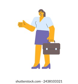 Businesswoman points hand and holding suitcase. Vector Illustration