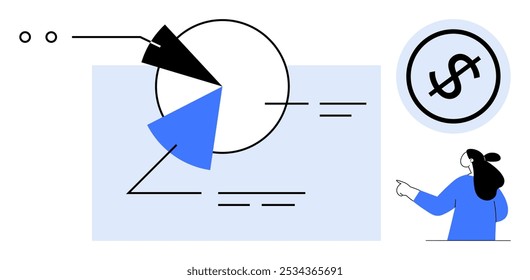 Una mujer de negocios señala un Grande gráfico circular con múltiples segmentos y un ícono de signo de dólar. Ideal para finanzas de negocios, análisis de datos, informes financieros, presentaciones y propósitos educativos
