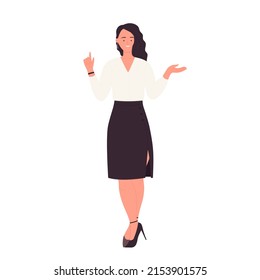 Businesswoman poiting finger up. Manager presentation speech vector illustration