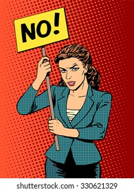 businesswoman policy protest with a poster no pop art retro style