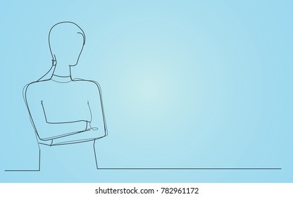 Businesswoman portrait with folded hands thinking isolated on blue background.For web site,poster,placard,ad,cover magazine and print materials.Creative art,modern drawing concept,vector illustration