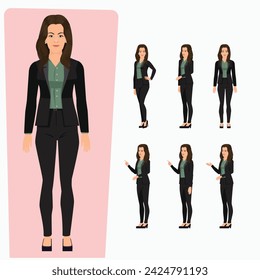 Businesswoman poses set, girl manager. Cartoon office worker character showing business presentation on lecture