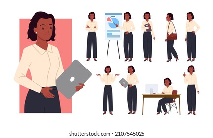 Businesswoman poses set vector illustration. Cartoon girl manager standing with laptop, young office worker pointing, female secretary character showing business presentation isolated on white