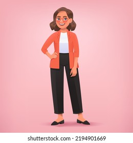 Mujer de negocios posando. Carácter de una linda chica vestida de negocios. Ilustración vectorial en estilo de caricatura