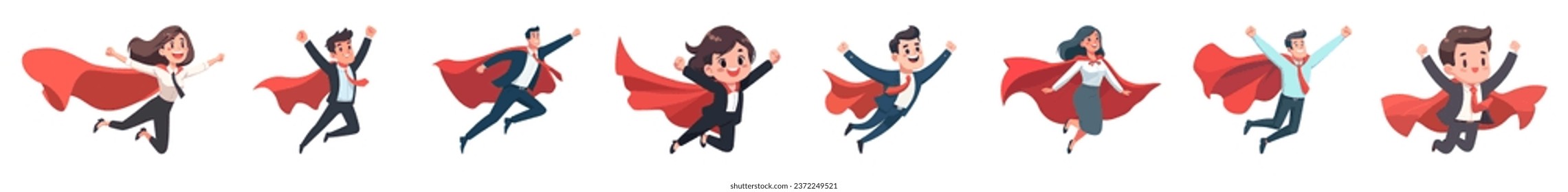 Businesswoman posing at work. Businessman superhero flying. Flat graphic vector illustrations isolated on white background.